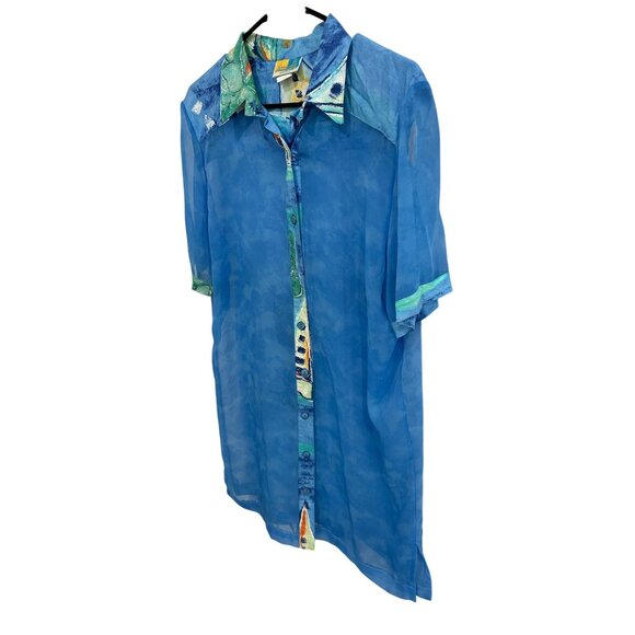 Vintage Sea Suns Sheer Button Down Blouse Blue Artistic Trim Sz PM Made In USA - Picture 3 of 10